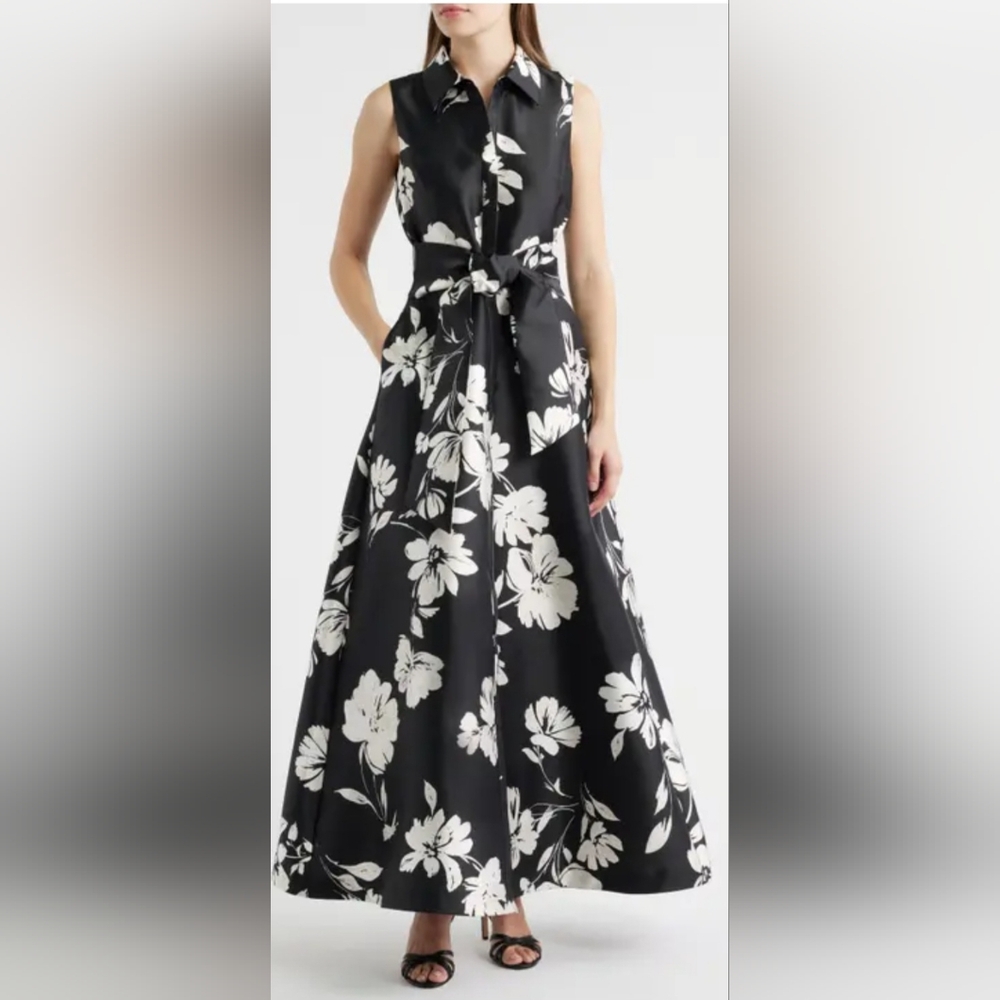 Julia Jordan Black & White Floral Maxi Dress 10 – Elegant A-Line Sleeveless Gown